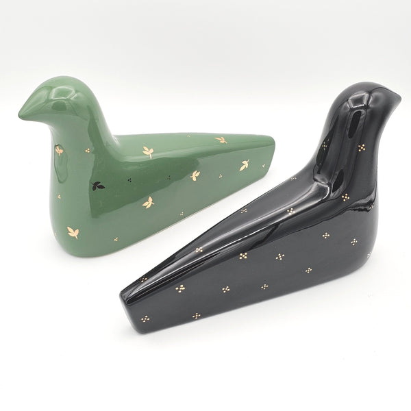 Gold Painted Black Ceramic Bird Sculpture