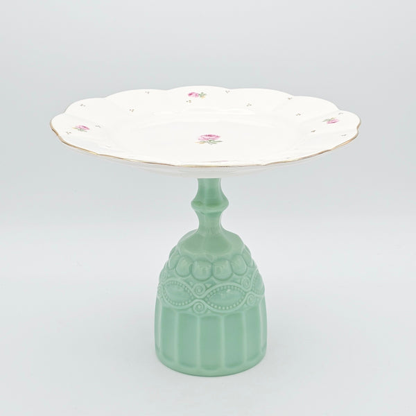 Waved Pink Rose Plate with Glass Stand and Gold Touches