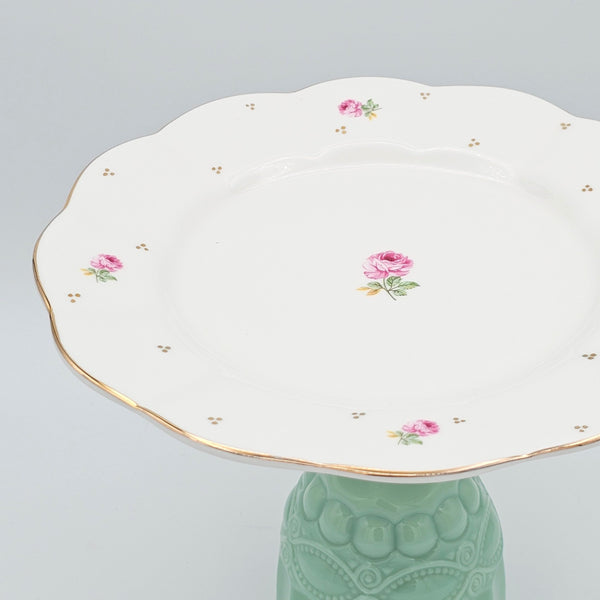 Waved Pink Rose Plate with Glass Stand and Gold Touches