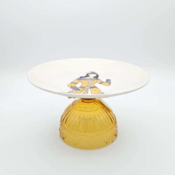 Hand Painted Qajar Dance Plate with Yellow Glass Stand