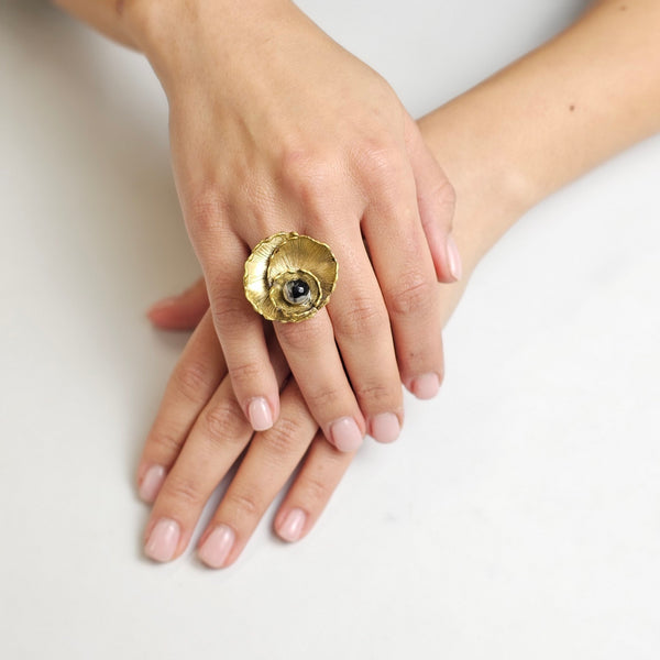 Winter Midnight Brass Ring with Pearl