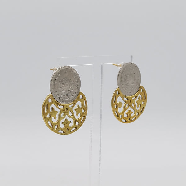 Pahlavi Coin Brass Earrings With Round Persian Motif