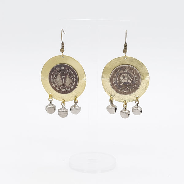 Pahlavi Coin Brass Earring with Three Drops