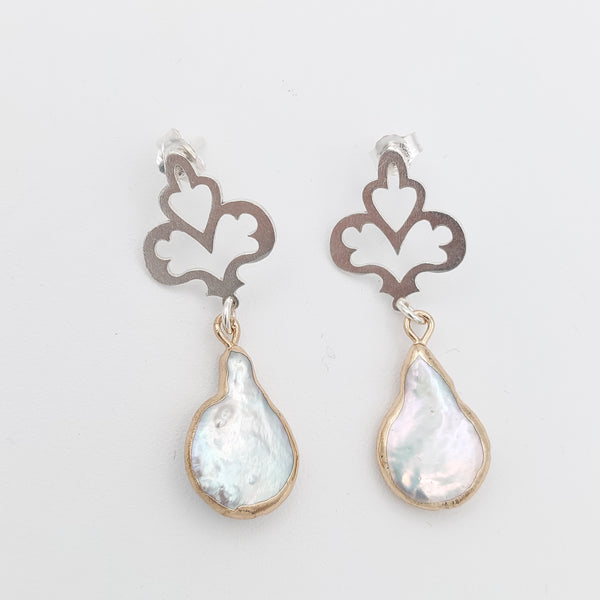 Clubs Silver Earrings with Baroque Pearls