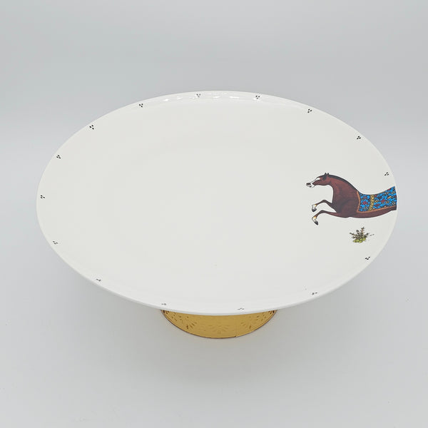 Torkaman Horses Round Plate with Amber Glass Stand