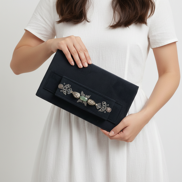 Black Amood Clutch with Aquamarine (Bird & Flower)