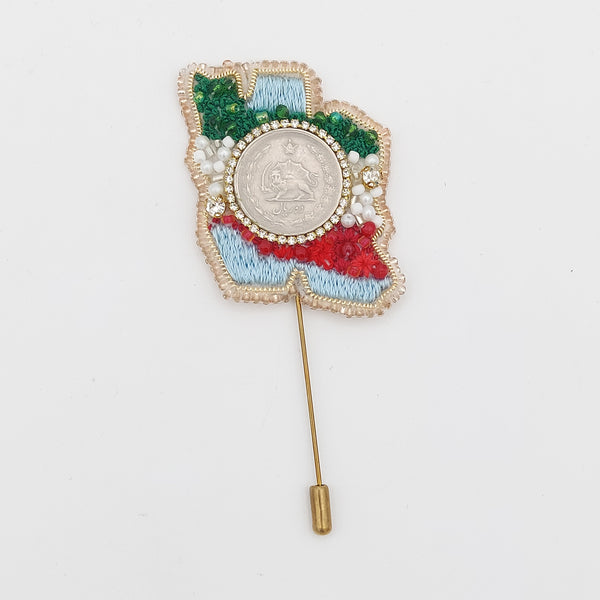 Hand Embroidery Persia Brooch with Pahlavi Coin