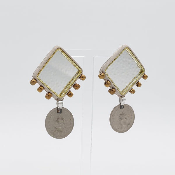 Diamond Mirror Earrings with Pahlavi Coin