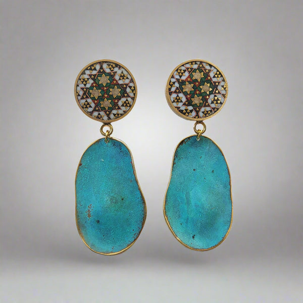 Adorn-Khatam Brass-Blue Patina Earring