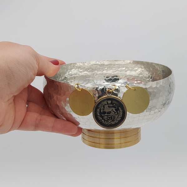 Copper Bowl with Brass Stand & Pahlavi Coin