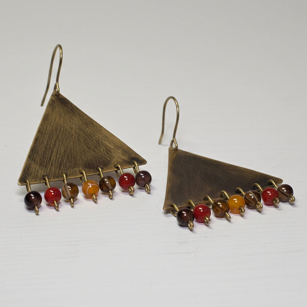 Triangle Brass Earrings with Drop Stones