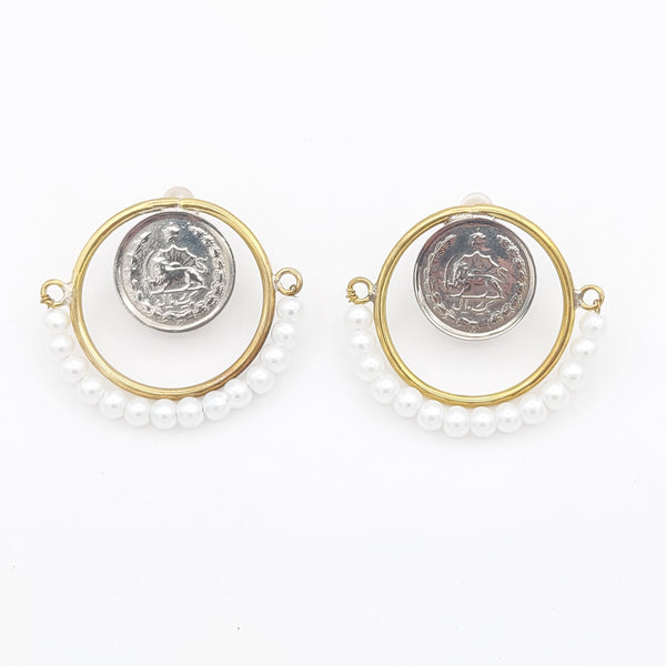 Pahlavi Coin Brass Earring with Pearl