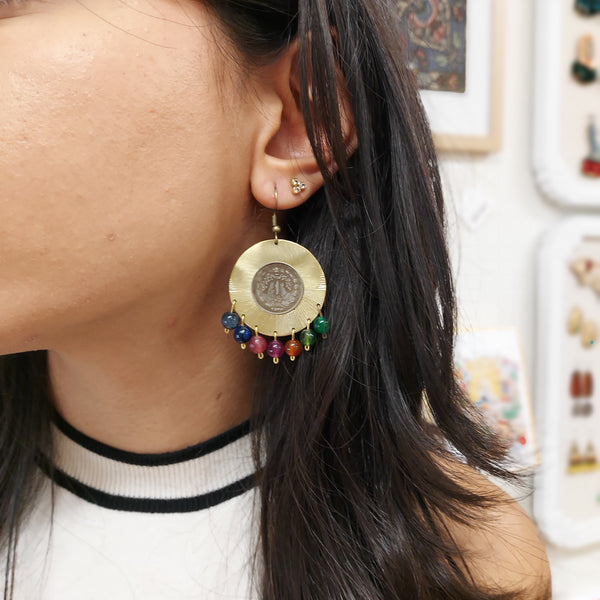 Pahlavi Coin Brass Earring with Color Stone Drops
