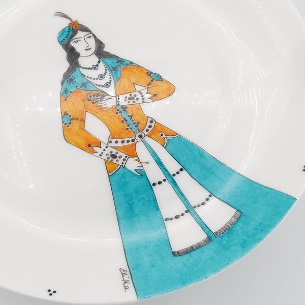 Hand Painted Turquoise Qajar Lady Plate with Glass Stand