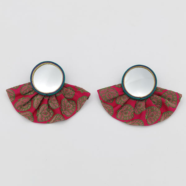 Large Pink Circle Mirror Earrings with Pleated Fabric
