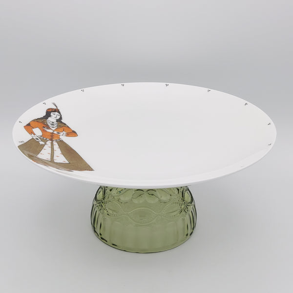 Hand Painted Qajar Lady Serving Plate with Olive Green Glass Stand
