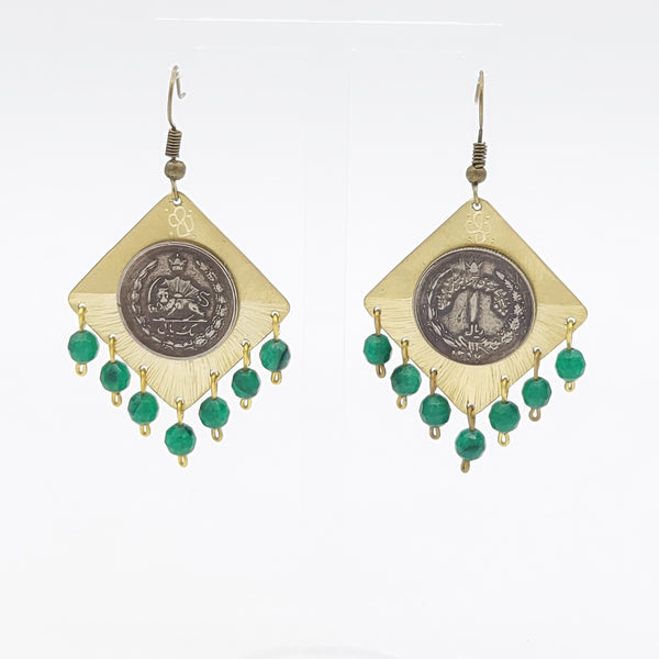 Pahlavi Coin Brass Earring with Green Stones