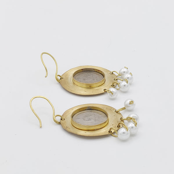 Pahlavi Coin Circle Earrings with Pearl Drops