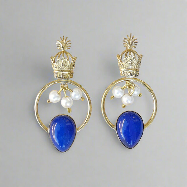 Blue Crown Brass Earrings with Pearl