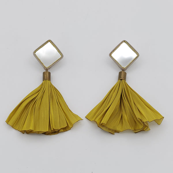 Diamond Mirror Earrings with Pleated Fabric