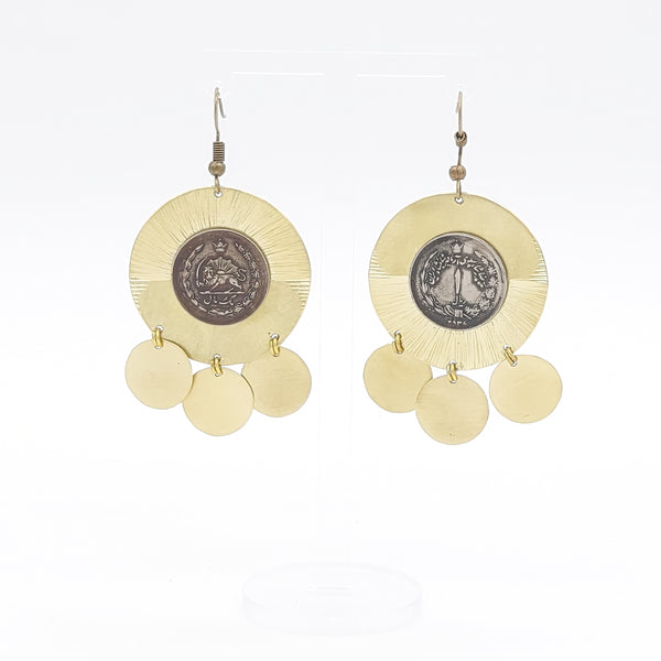 Pahlavi Coin Brass Earring with Brass Drops
