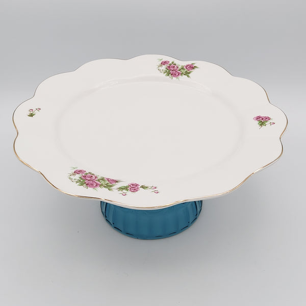 Large Wavy Golesorkhi Plate With Gold Rim & Short Blue Glass Stand