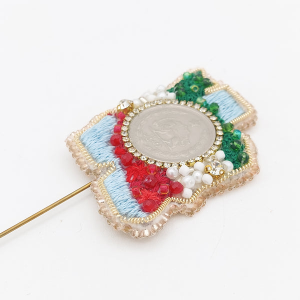 Hand Embroidery Persia Brooch with Pahlavi Coin