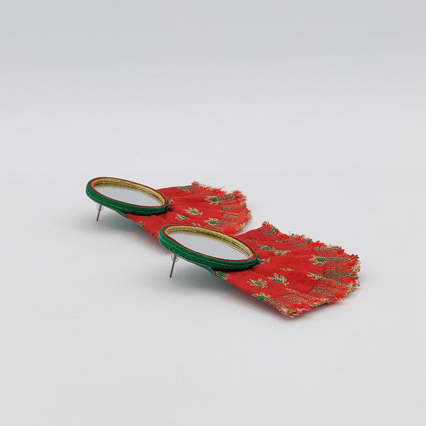Large Red Circle Mirror Earrings with Pleated Fabric