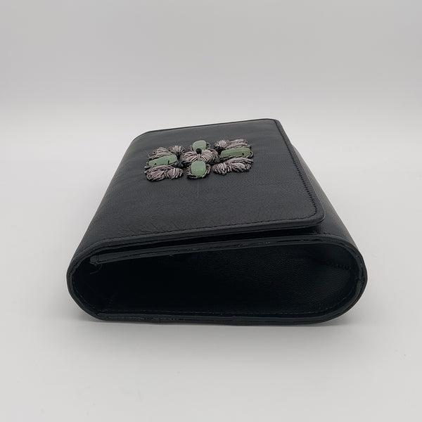 Black Leather Classic Clutch with Aquamarine