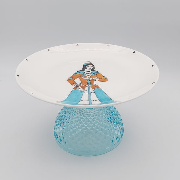 Hand Painted Qajar Lady Plate with Blue Glass Stand