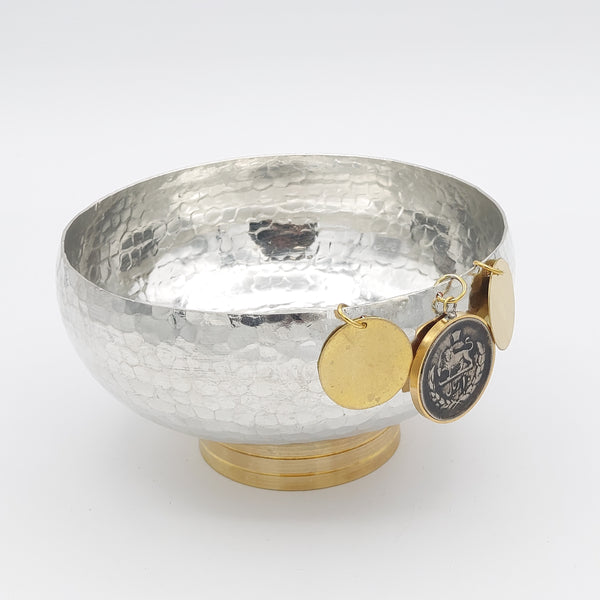 Copper Bowl with Brass Stand & Pahlavi Coin