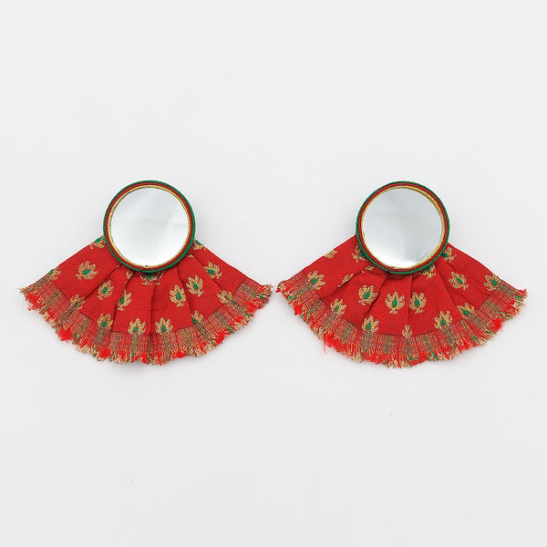 Large Red Circle Mirror Earrings with Pleated Fabric