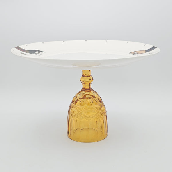 Torkaman Horses Round Plate with Amber Glass Stand