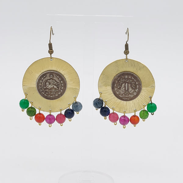 Pahlavi Coin Brass Earring with Color Stone Drops