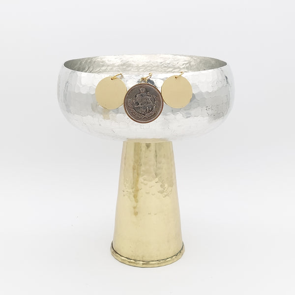 Copper Bowl with Brass Stand & Pahlavi Coin