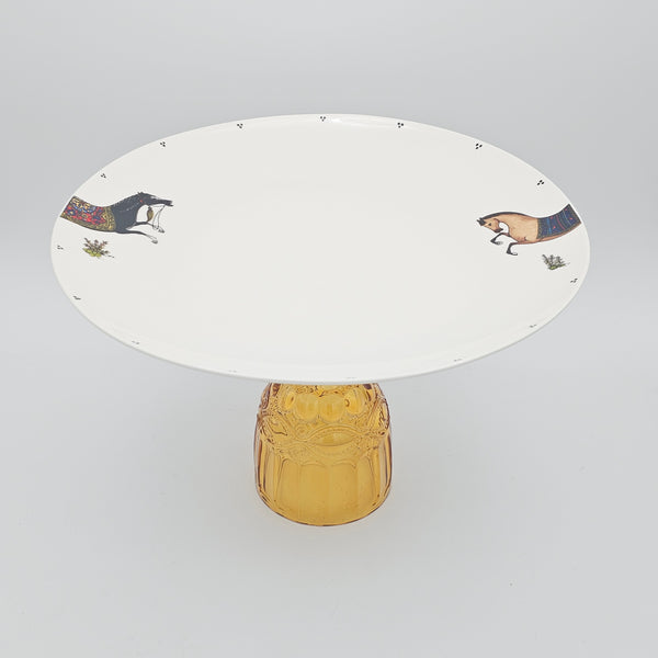 Torkaman Horses Round Plate with Amber Glass Stand