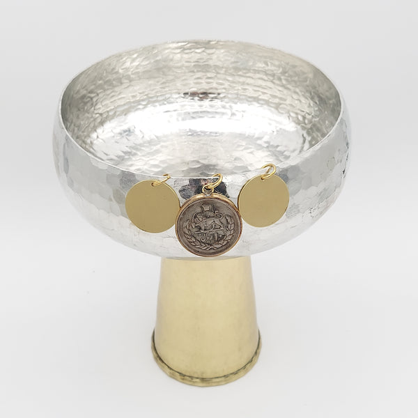 Copper Bowl with Brass Stand & Pahlavi Coin