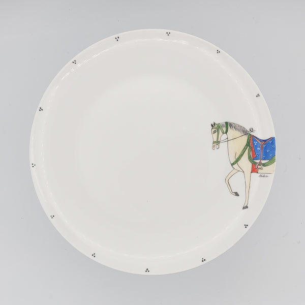 Hand Painted Beige Horse Serving Dish & Blue Glass Stand