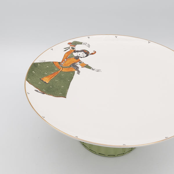 Hand Painted Qajar Lady Dancing Serving Plate with Olive Green Glass Stand