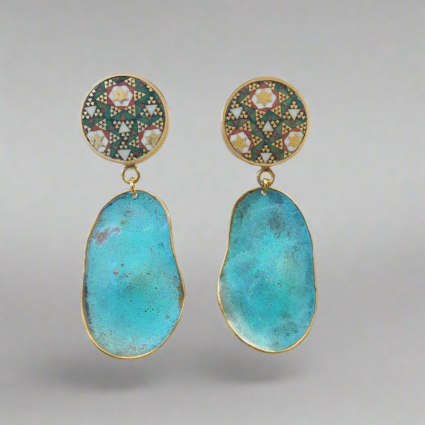 Adorn-Khatam Brass-Blue Patina Earring