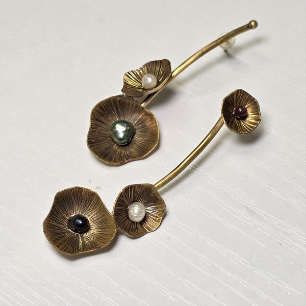 Asymmetrical Midnight Garden Brass Earrings with Pearls