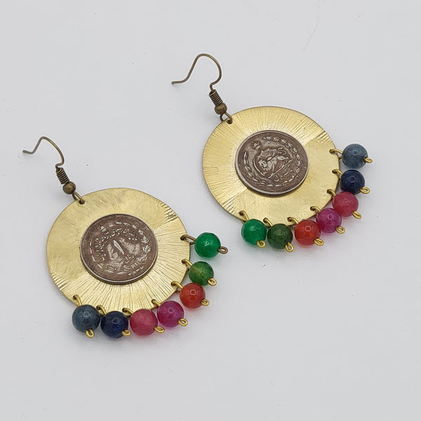 Pahlavi Coin Brass Earring with Color Stone Drops