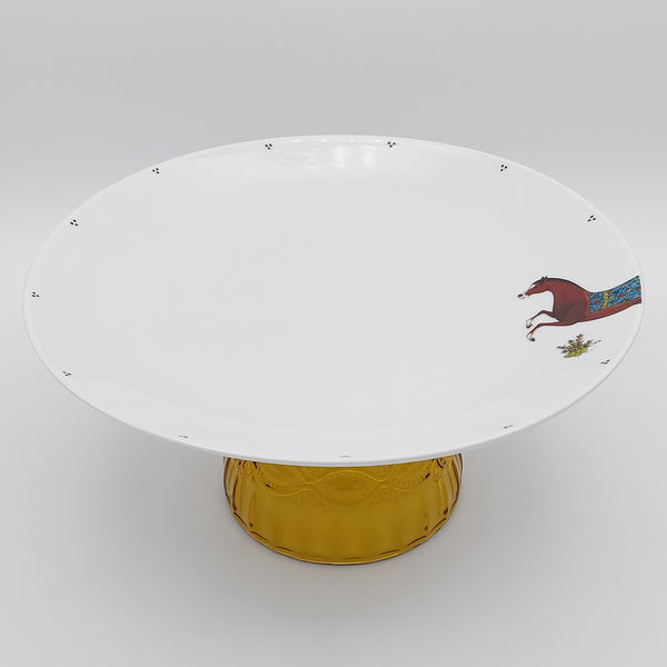 Torkaman Horses Round Plate with Amber Glass Stand