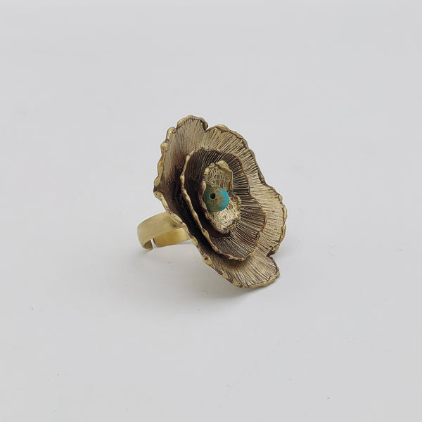 Large Brass Flower Ring with African Turquoise