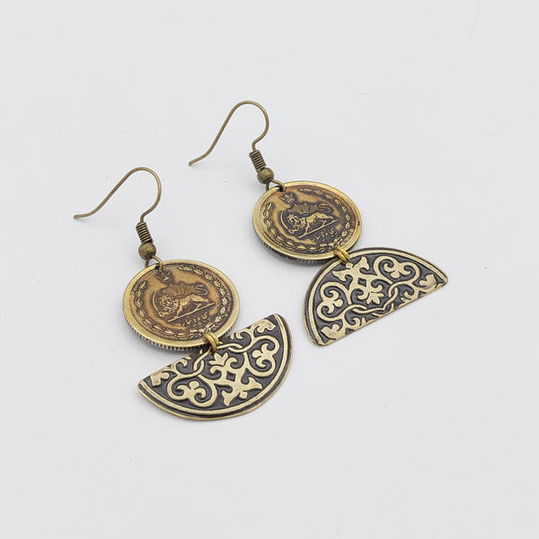 Asymmetrical Brass Pahlavi Coin Earring