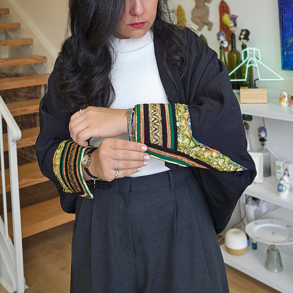 Black Naazkhaatoon Drape Jacket with Khoos-Embroidered Cuffs