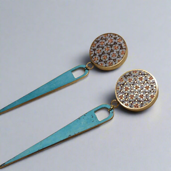 Large Septum-Khatam Brass-Blue Patina Earring