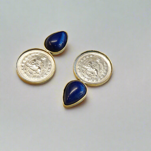 Pahlavi Coin Brass Earring with blue pear shape
