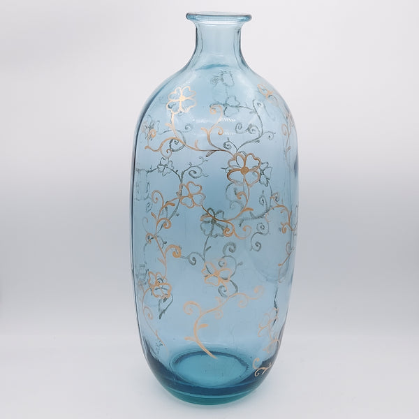 Hand Painted Gold Flowers on Blue Glass Vase