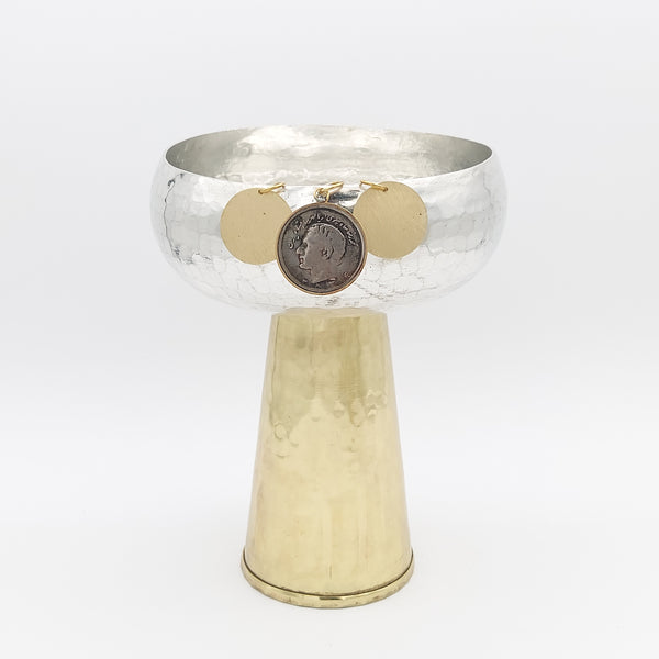 Copper Bowl with Brass Stand & Pahlavi Coin